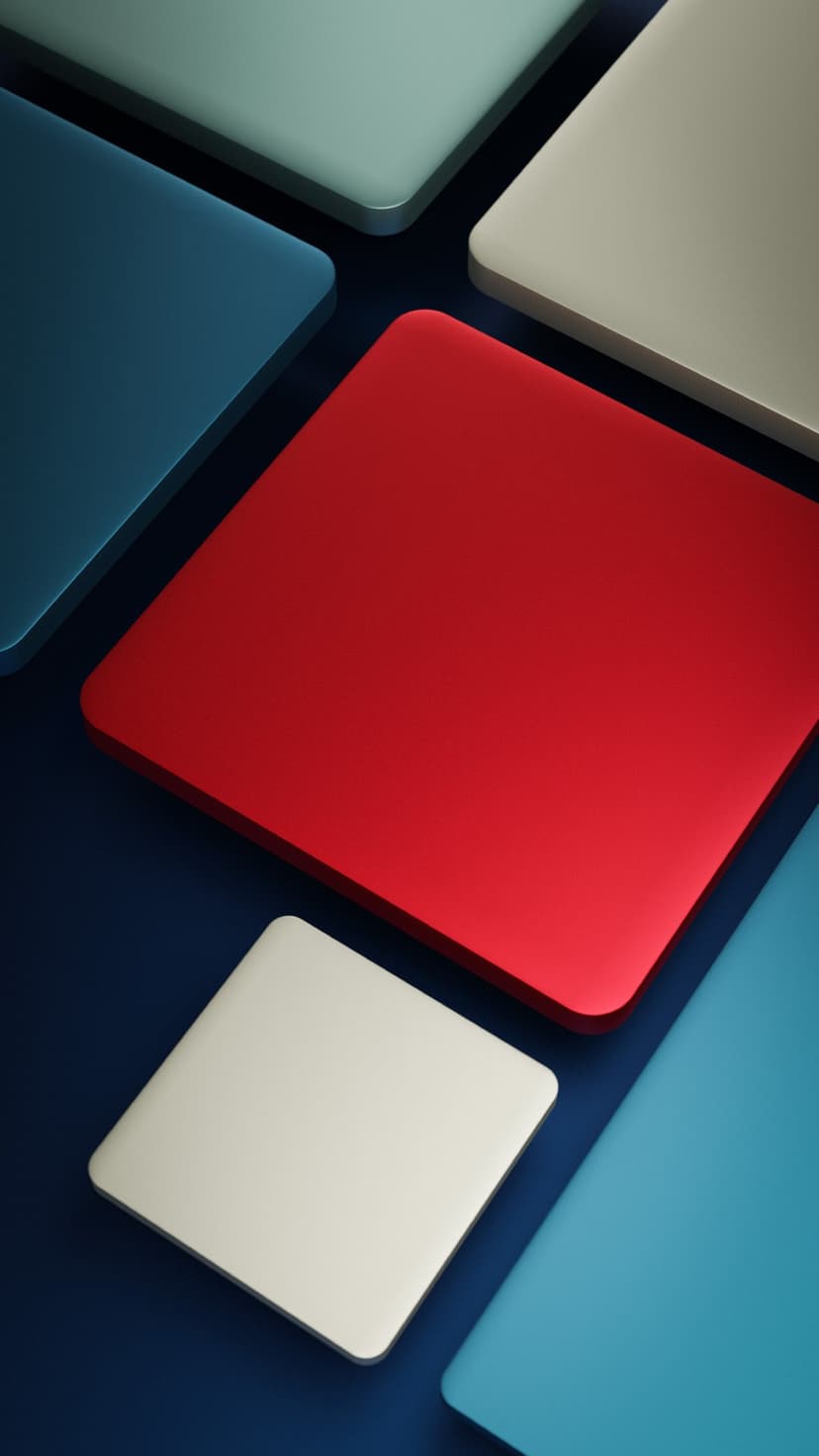Overlapping rounded squares in red, blue, teal, and beige form a dense geometric mosaic with soft shadows.