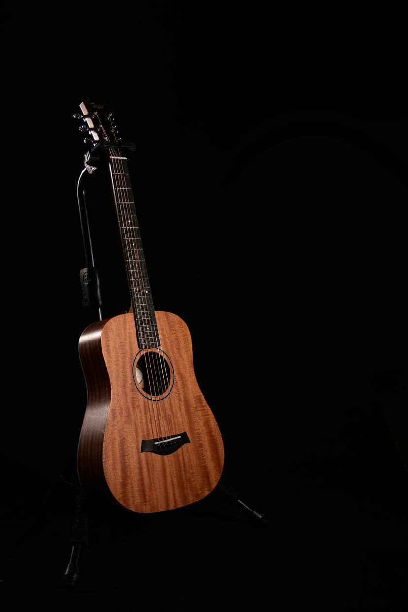 Acoustic guitar with polished wood finish standing upright against a dark, seamless black studio background.