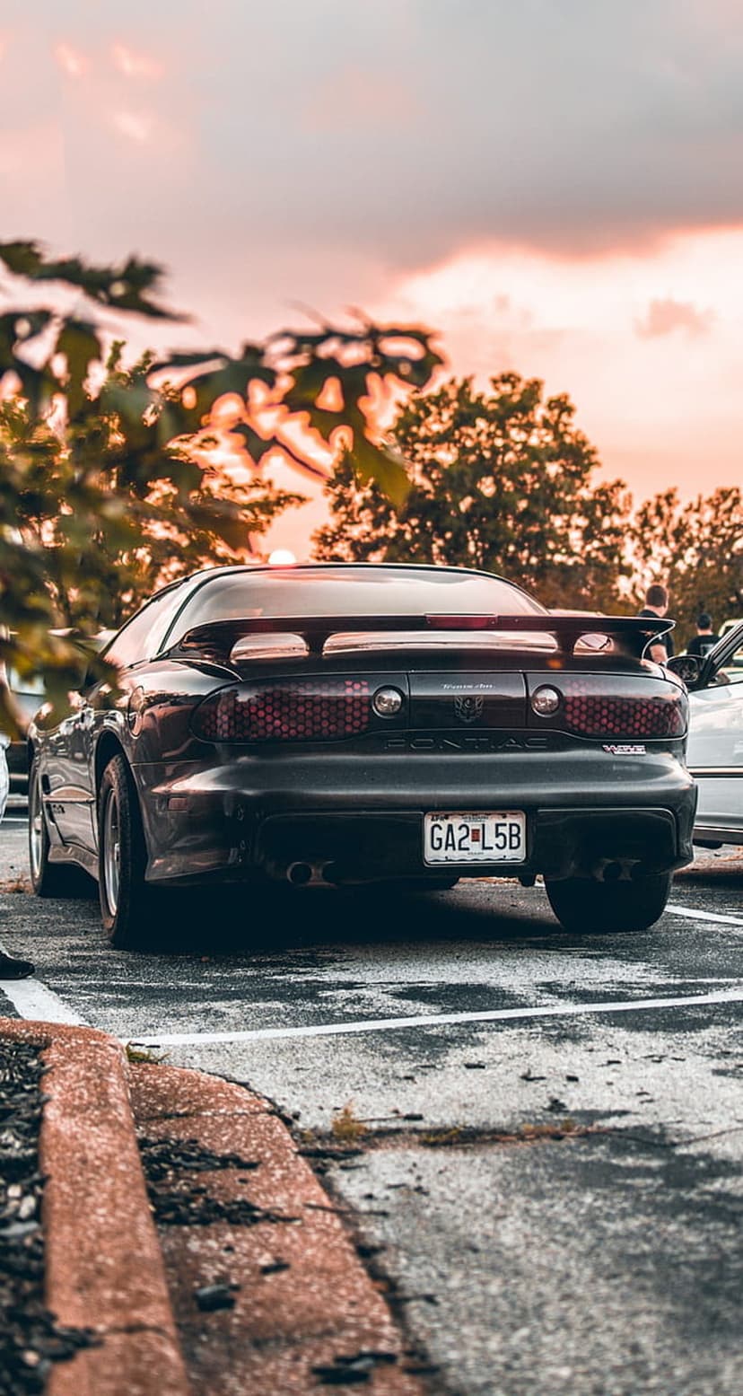 Black Pontiac Firebird rear view with glowing taillights parked under a vibrant orange and pink sunset sky.
