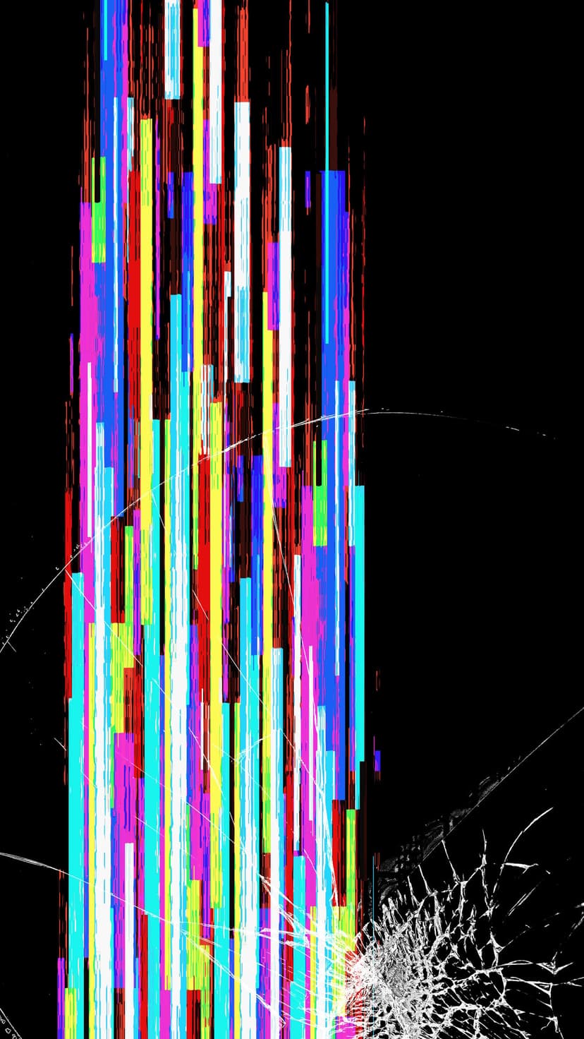 Neon vertical light streaks and fine white cracks on a black backdrop, simulating a shattered digital screen.