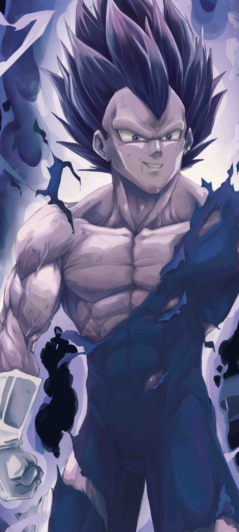 Vegeta stands with a stern expression while surrounded by a swirling purple and blue energy aura in a dark space.