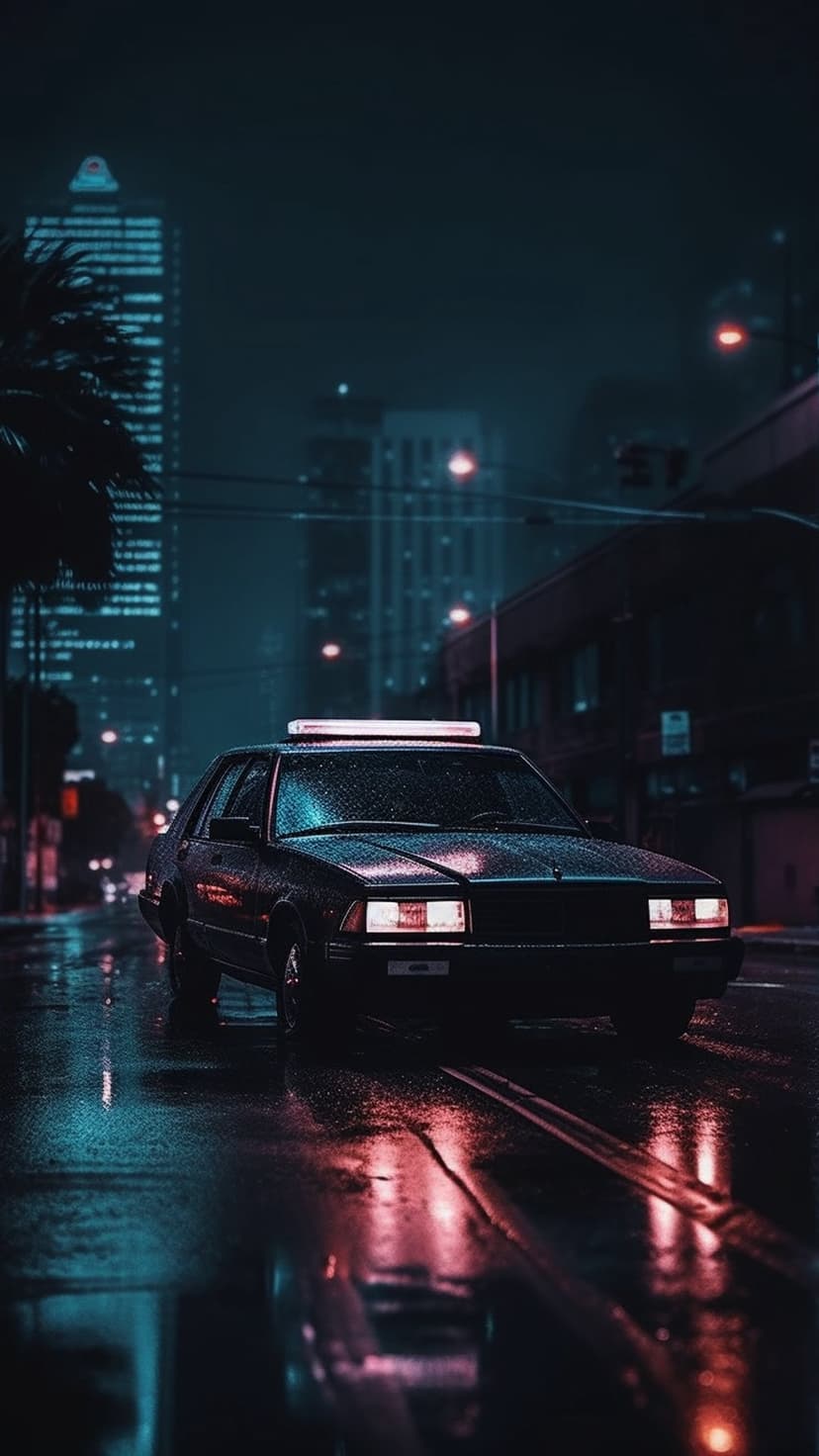 Vintage police car with flashing lights parked on a wet street reflecting neon skyscraper signs at night.