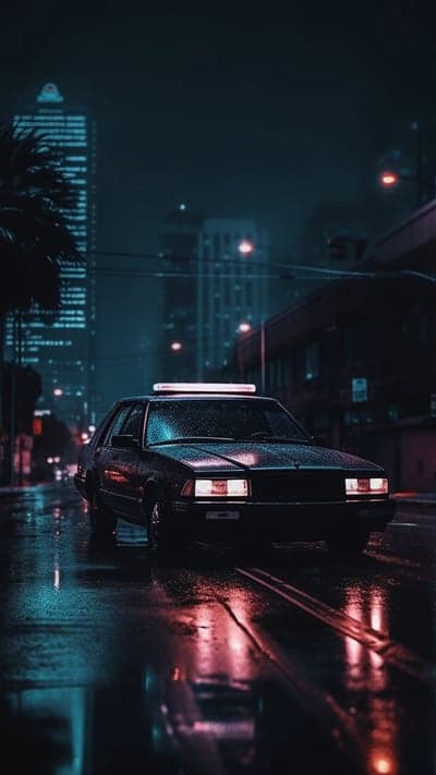 Retro police car at night on wet city street
