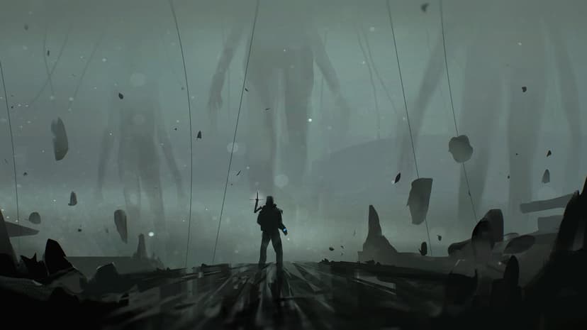 Lone traveler faces giant humanoid silhouettes in thick green fog with floating debris and vertical wires.
