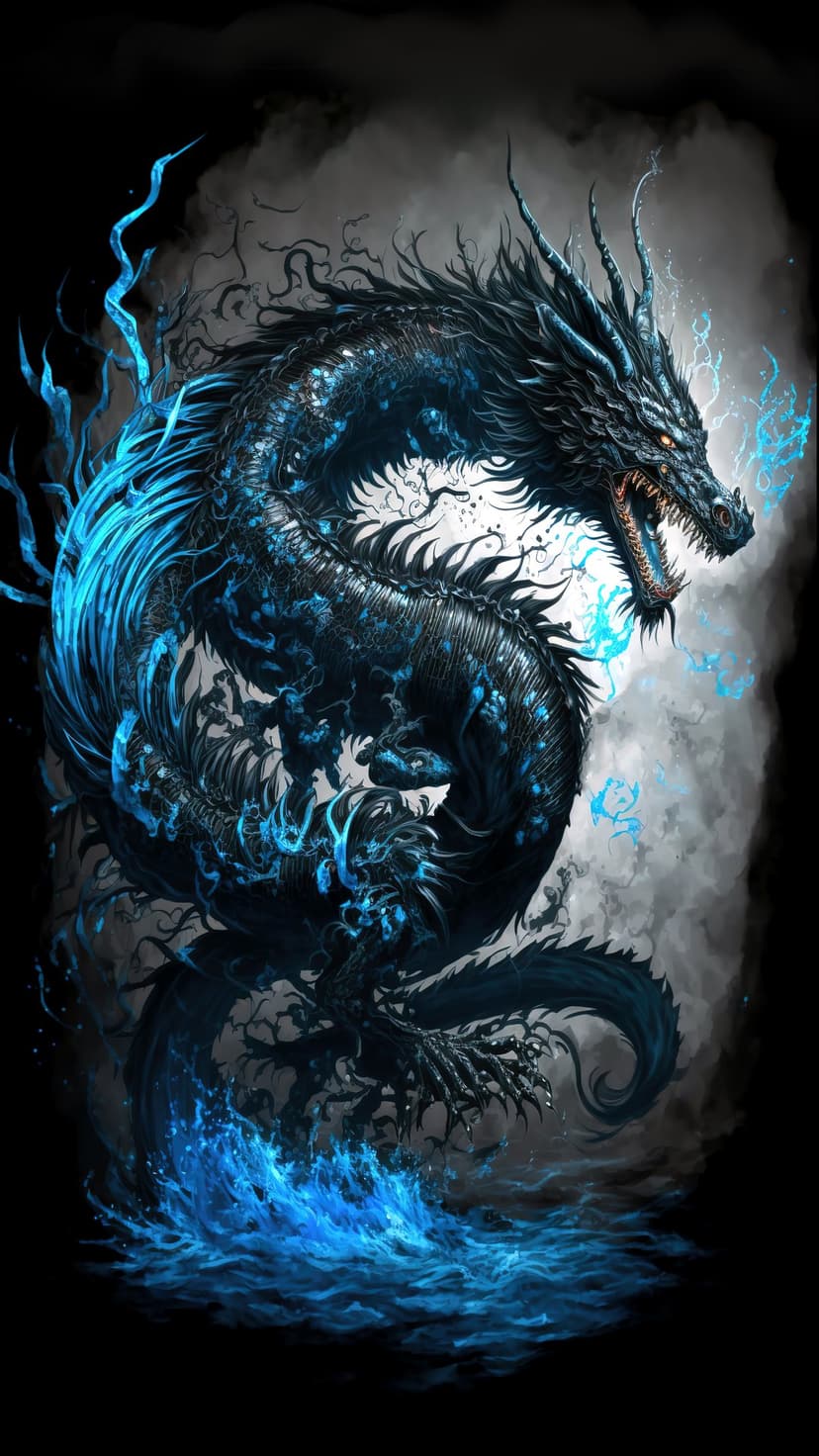 Dark blue dragon with glowing scales and blue fire rising from misty water amidst crashing waves and smoke.