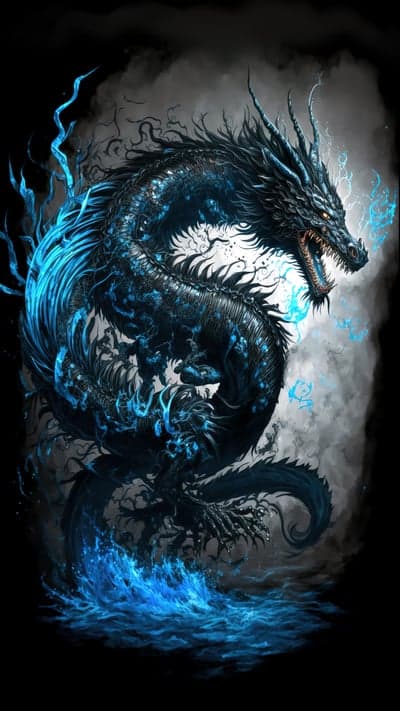 Dark Blue Dragon Emerges from Smoky Water