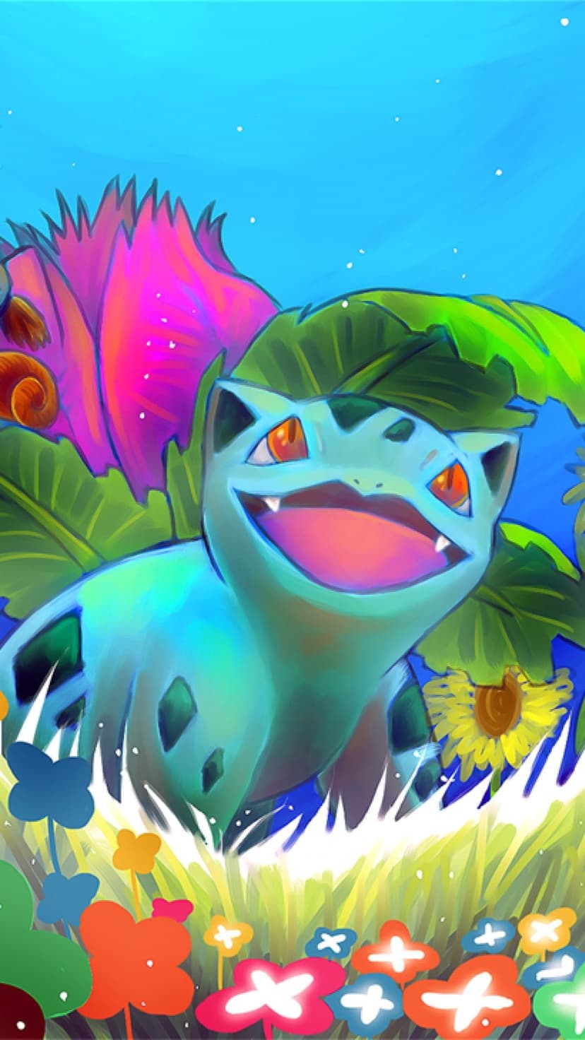 Happy Bulbasaur with an open mouth in a vibrant forest with pink flowers and a bright blue sky background.