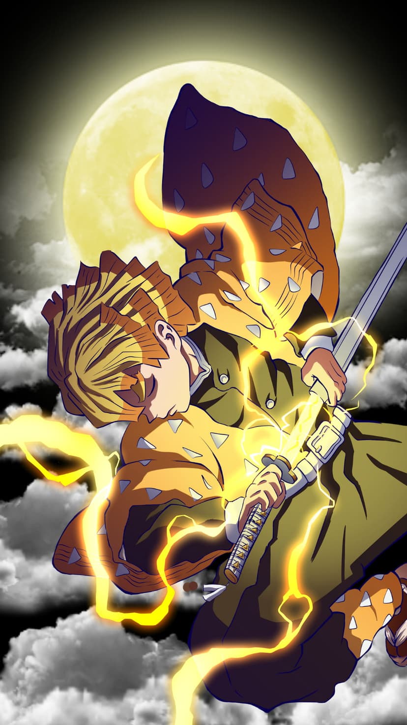 Zenitsu Agatsuma crouches with a glowing katana amidst yellow lightning bolts and a large moon in a night sky.