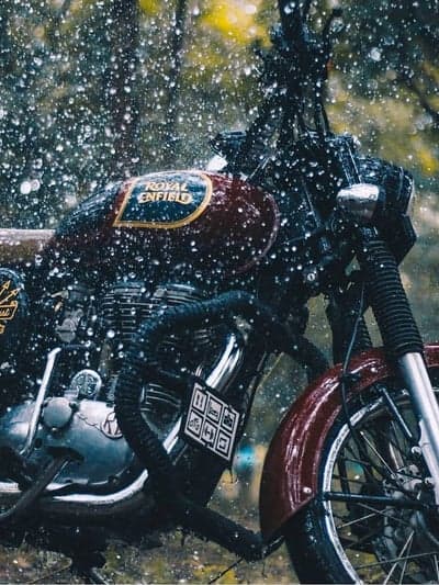 Royal Enfield motorcycle in the rain