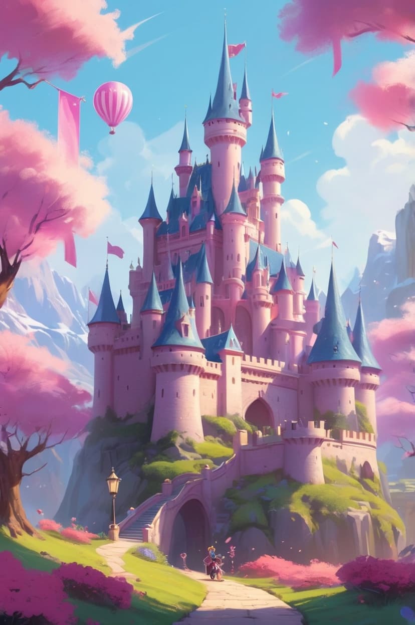 Pink fairytale castle on a hill surrounded by cherry blossoms and a striped hot air balloon in a blue sky.