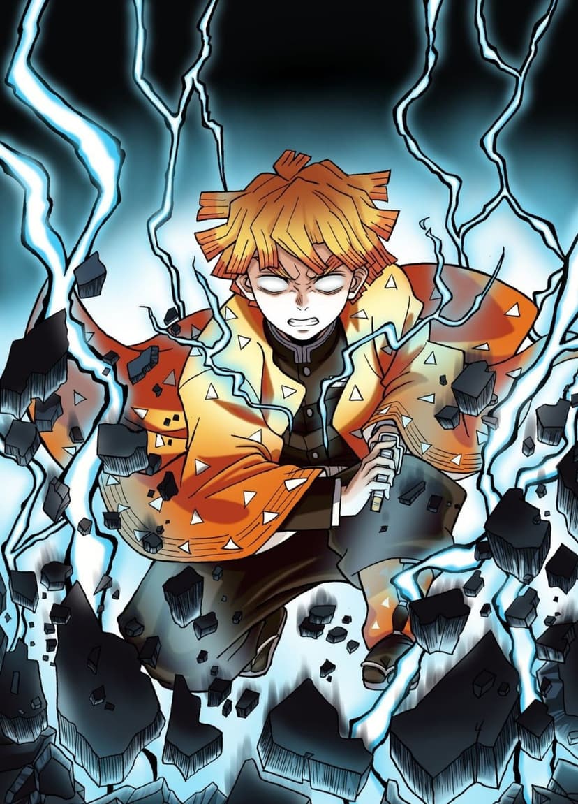 Zenitsu Agatsuma crouches with eyes closed as blue lightning crackles around him during his thunder breathing attack.