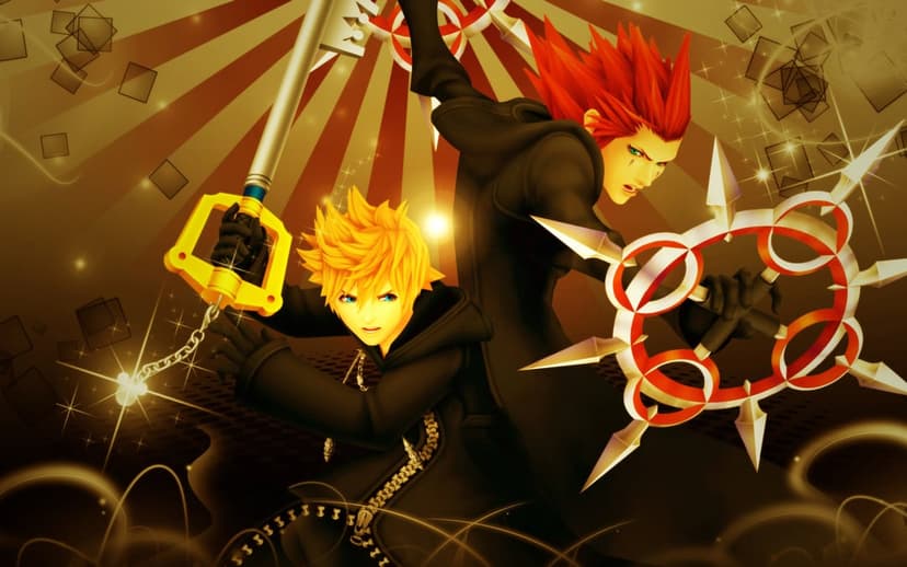 Roxas holds a Keyblade and Axel wields chakrams against a golden sunburst background in black cloaks.