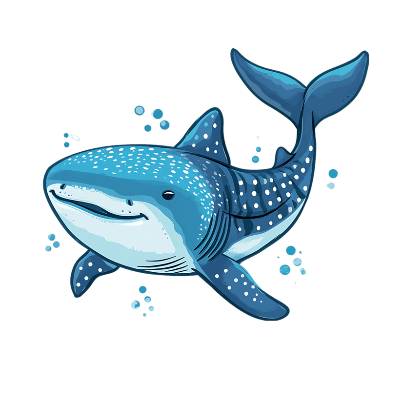Whale shark illustration swimming horizontally with white spots and small blue bubbles on transparent layer.