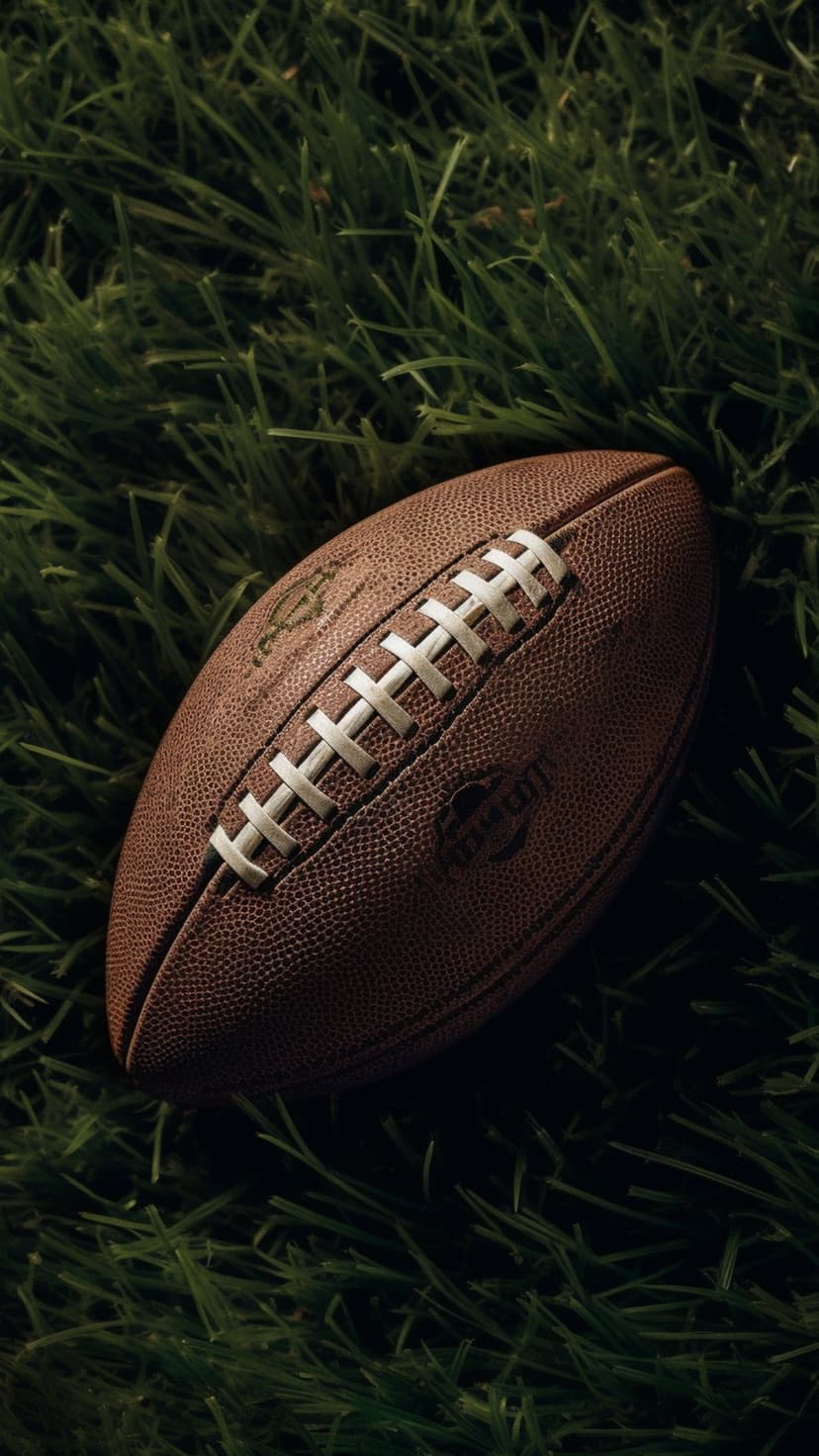 Brown leather American football with white laces resting on bright green blades of grass in a close-up view.