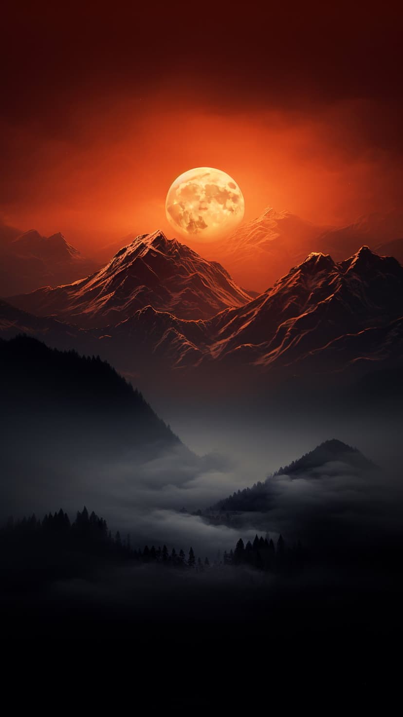 Jagged mountain peaks rise into a fiery orange sky illuminated by a massive, textured moon and thick valley fog.