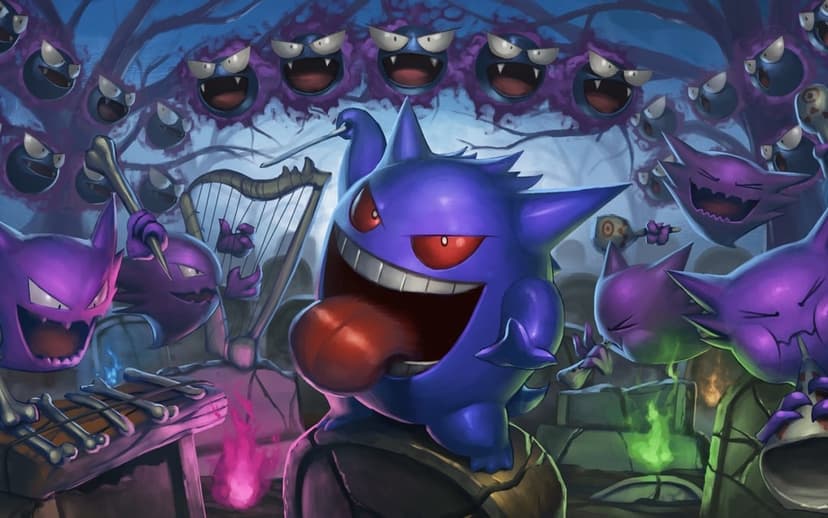 Gengar conducting a ghostly Pokémon orchestra with Haunter and Gastly in a purple moonlit cemetery.