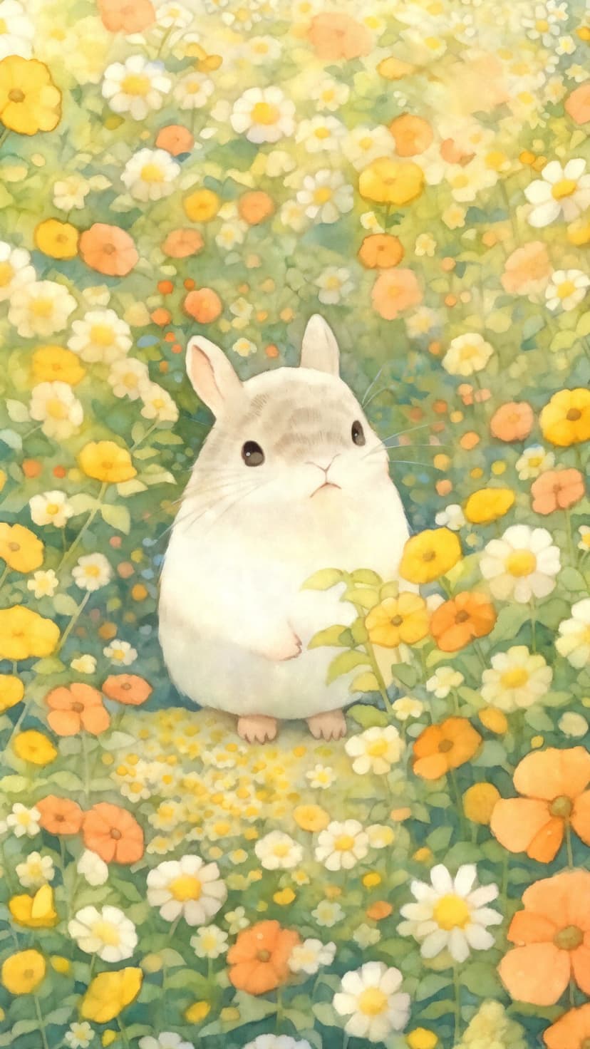 Fluffy white rabbit sitting in a dense meadow of pink and yellow wildflowers with soft watercolor textures.