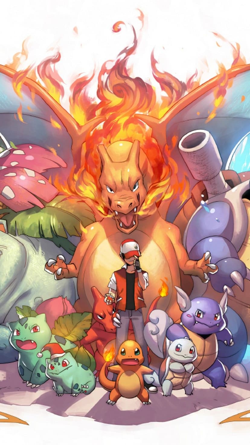 Ash Ketchum posing with Charizard, Blastoise, and Venusaur evolution lines in a vibrant anime illustration.