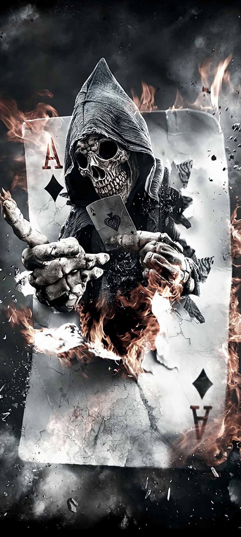 Grim Reaper with skeletal fingers holds a flaming Ace of Spades card that is disintegrating into black smoke.