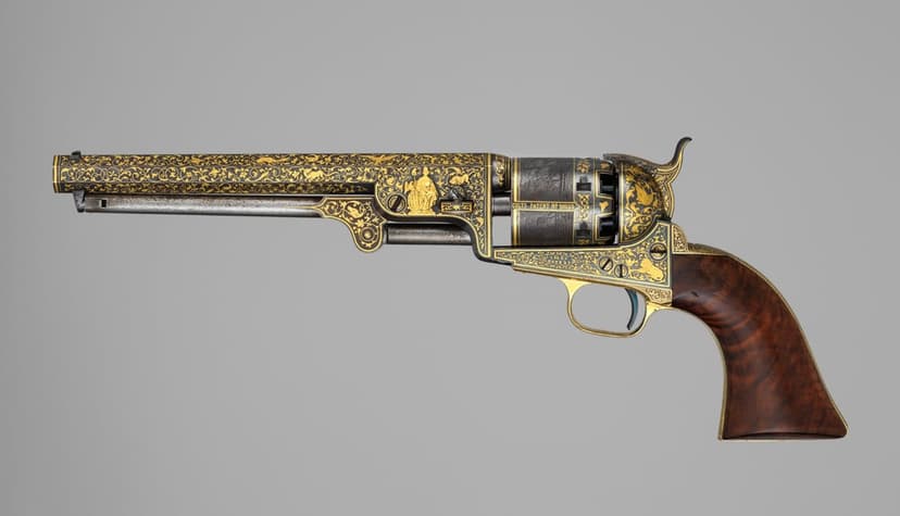 Antique Colt revolver featuring intricate gold filigree, deep floral engravings, and a smooth wooden grip handle.