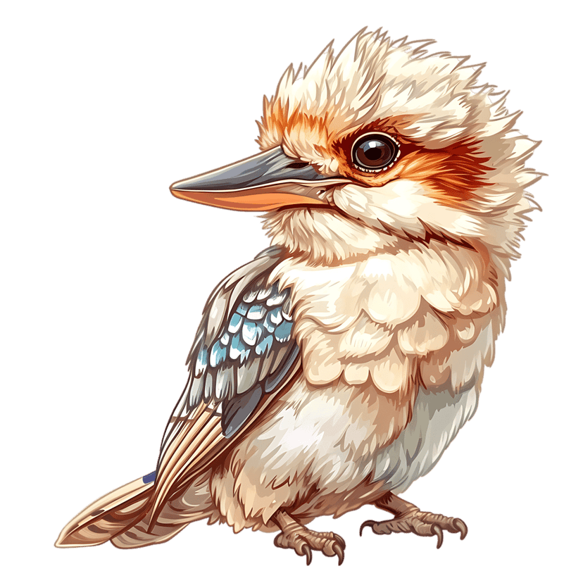 Detailed kookaburra bird illustration shows brown and white feathers, a thick beak, and bright eye on black background.