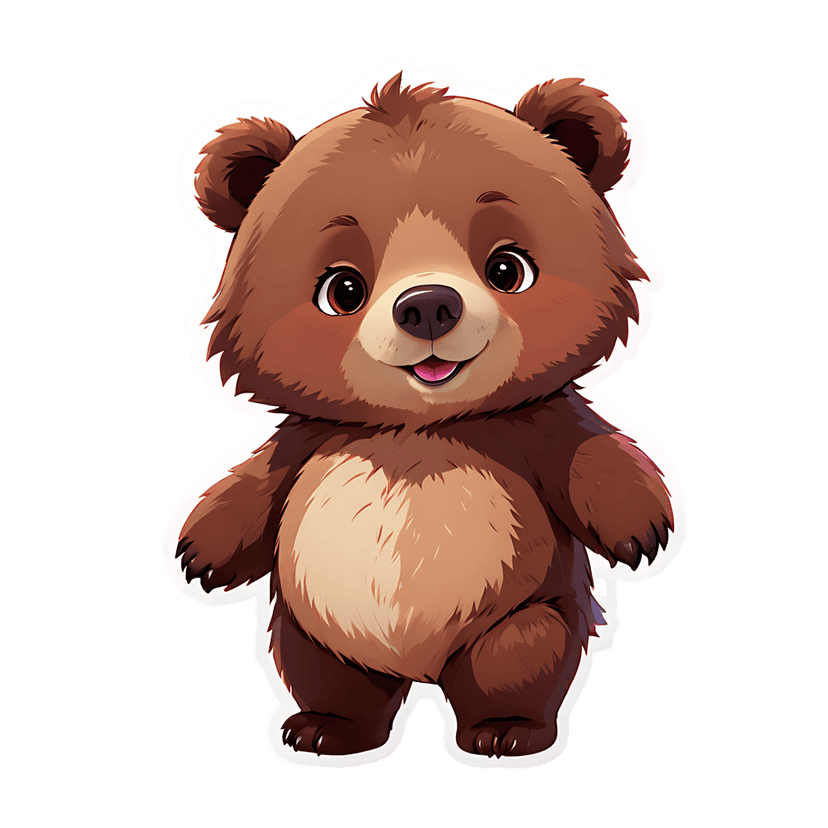 Brown bear cub sticker with fluffy fur standing in a front-facing pose with a white border and smiling face.