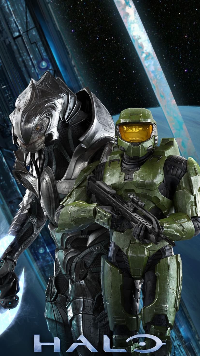 Master Chief and the Arbiter in combat armor standing before a massive Halo ring in space for mobile phone screens.