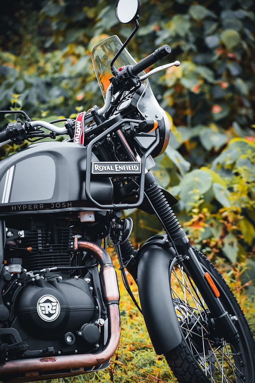 Black Royal Enfield Himalayan motorcycle parked in thick green leaves with a low-angle focus on the engine.