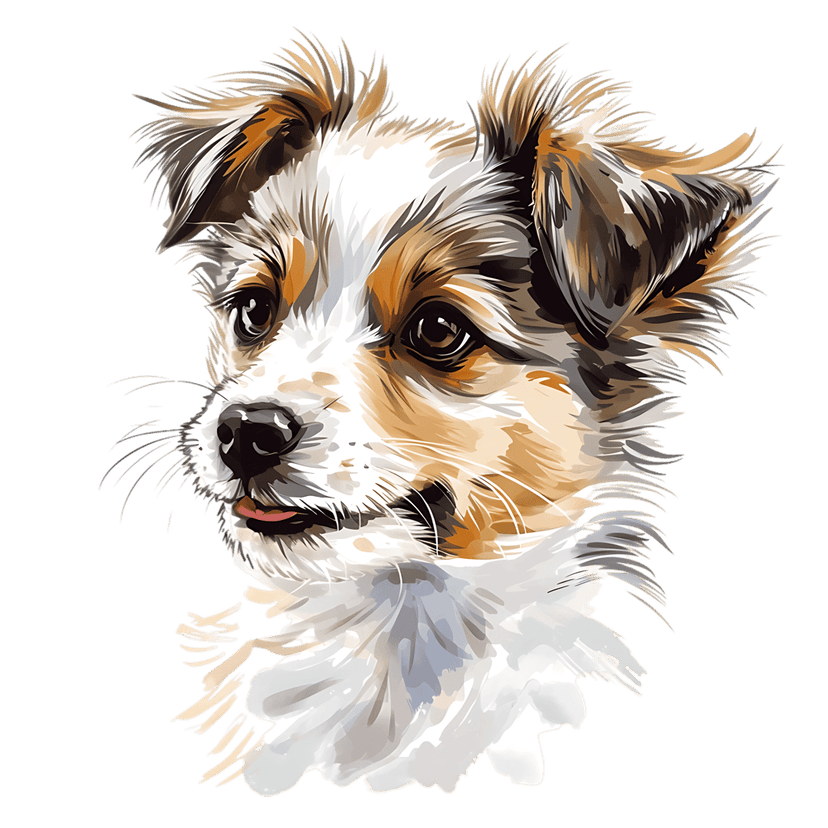 Australian Shepherd puppy watercolor portrait shows a fluffy dog with a pink tongue against a black background.