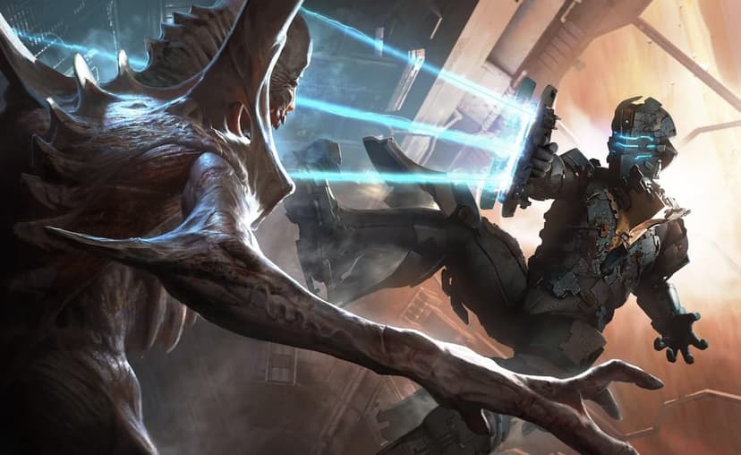 Isaac Clarke in an engineering suit aims a glowing blue plasma cutter at a pale Necromorph monster.