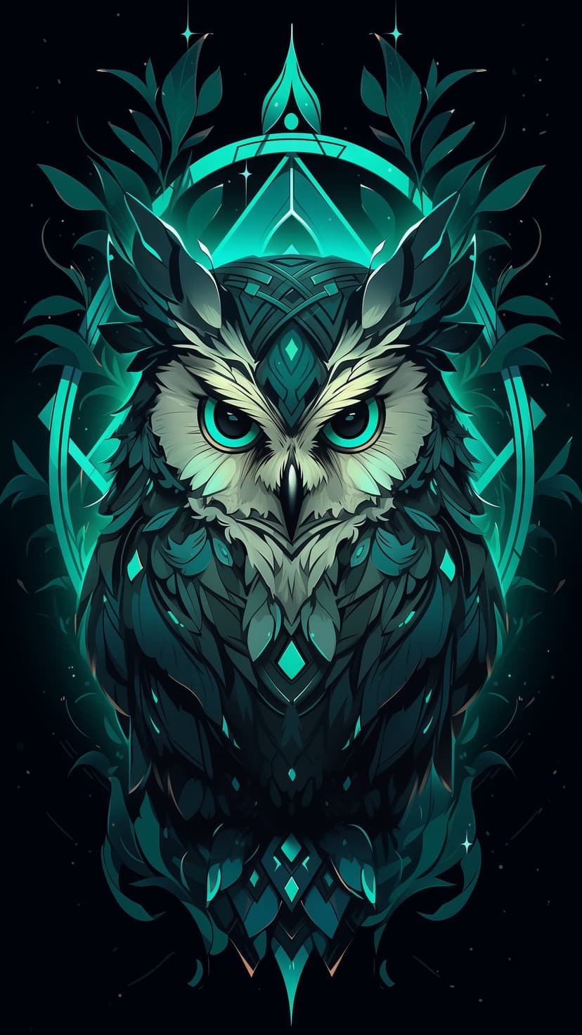 Teal-eyed owl with glowing geometric patterns and leafy details stares forward against a dark background.