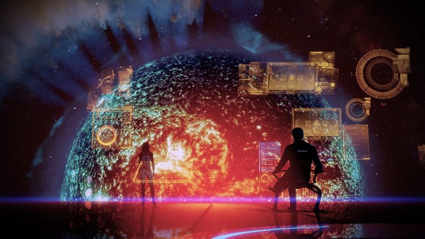 Man silhouetted against a massive orange star with floating amber holographic data screens in deep space.