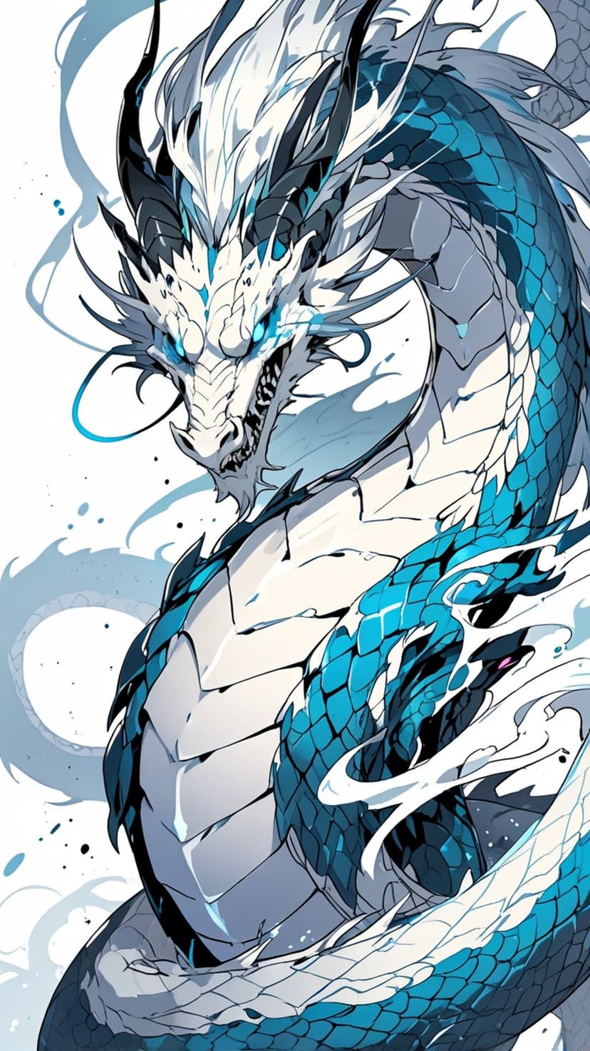 White serpentine dragon with glowing blue eyes and sharp ivory scales coils gracefully against a dark backdrop.