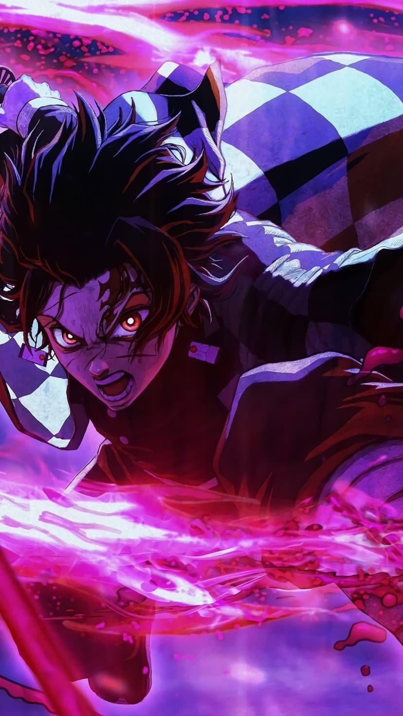 Tanjiro Kamado with glowing red eyes amidst swirling purple energy and a checkered haori in a fierce combat pose.