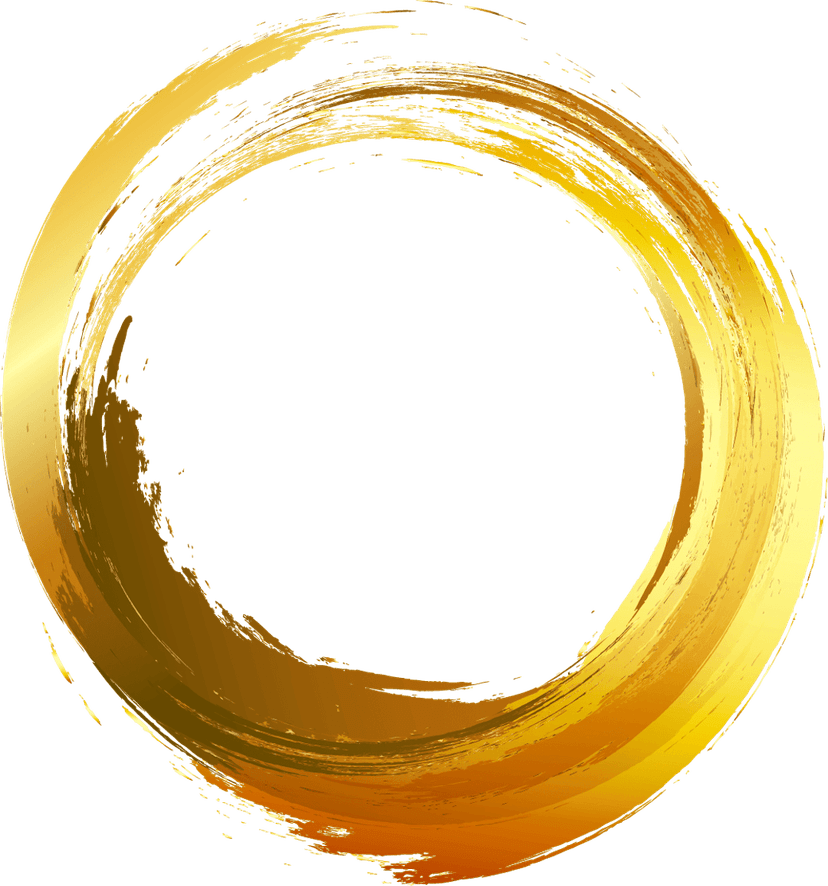 Brown watercolor circle with gold ink splatters and a textured metallic finish on a transparent background.