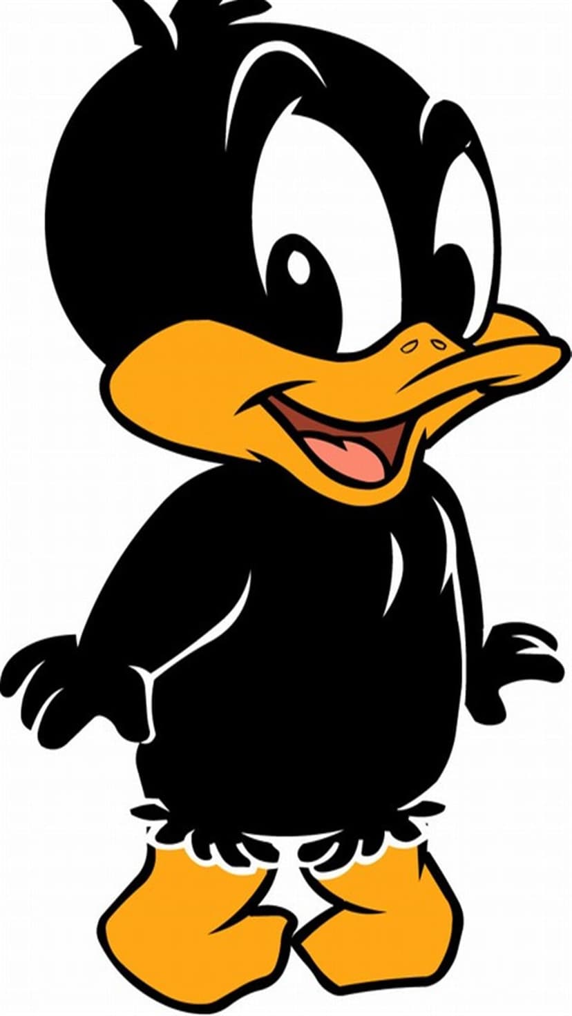 Daffy Duck stands with an expressive gaze, showcasing his black plumage and bright orange bill against a solid backdrop.
