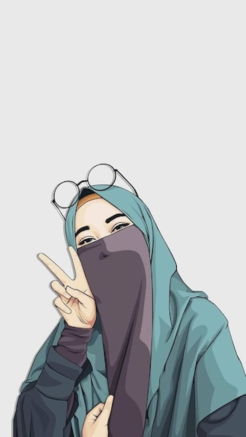 Woman in a teal hijab and dark purple niqab makes a peace sign with round glasses resting on her head.