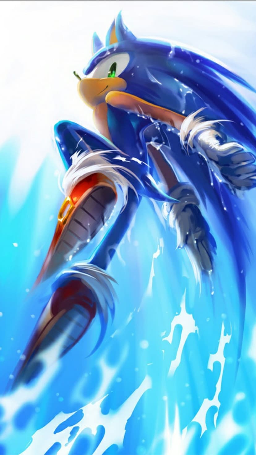 Sonic the Hedgehog leaps over a splashing water surface against a bright blue background with visible droplets.