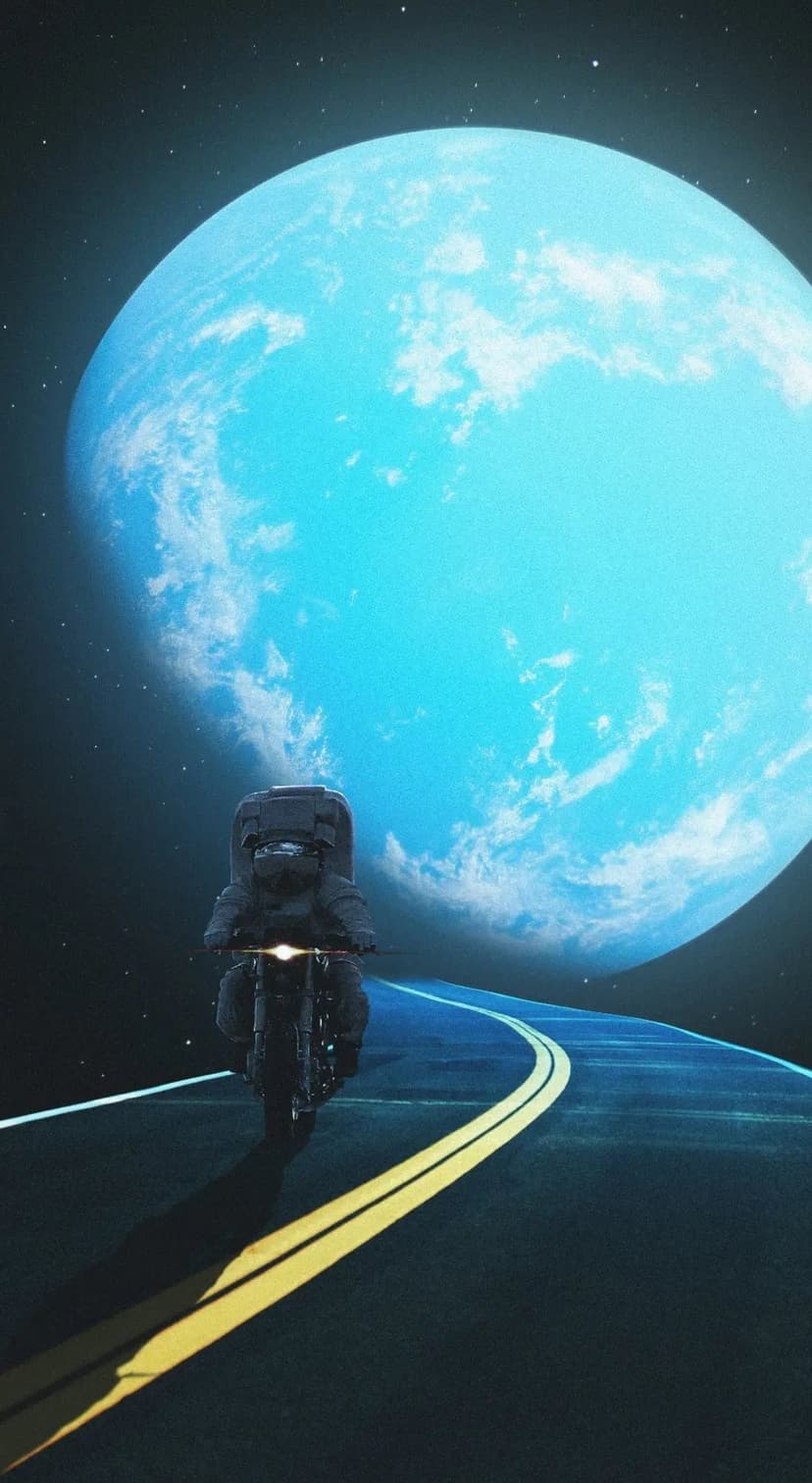 Astronaut on a motorcycle rides along a highway toward a massive glowing blue planet in a starry space.