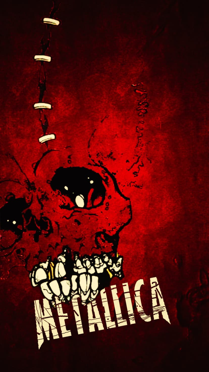 Stitched red skull beneath a distressed Metallica logo sits on a textured crimson and black grunge background.