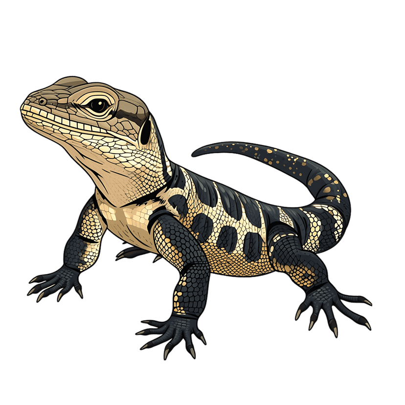Black gold lizard illustration featuring detailed textured scales, sharp claws, and a long spotted tail.