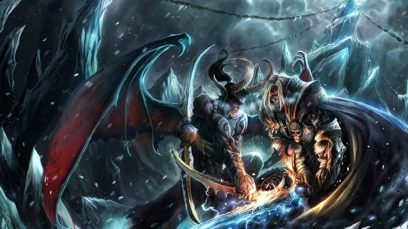 Illidan Stormrage and Arthas clash blades in a snowy mountain landscape with glowing magical effects.