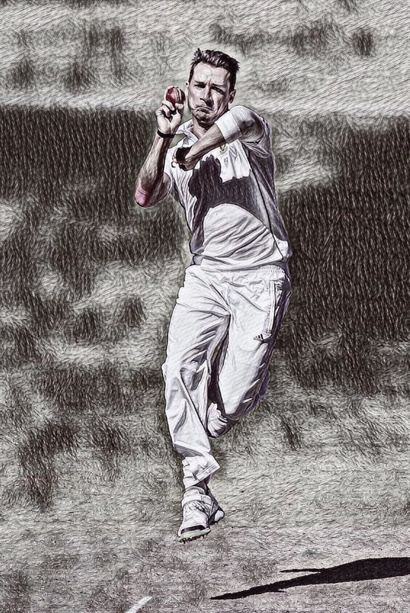 Male cricketer in white kit raises his leg to bowl a red ball against a textured black and white background.
