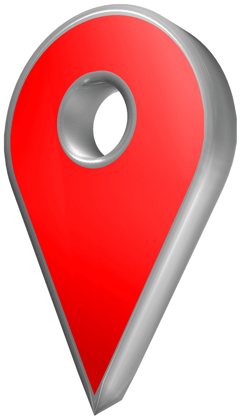 Red location pin 3D icon featuring metallic silver edges and a glossy reflective finish over a hollow center.