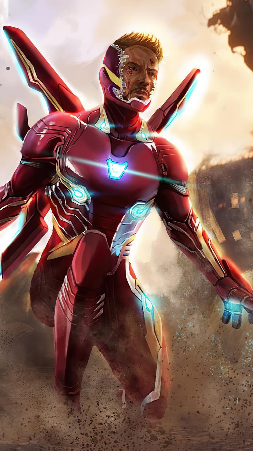 Tony Stark in cracked red armor with glowing blue lights stands amidst dust and floating debris in a wasteland.
