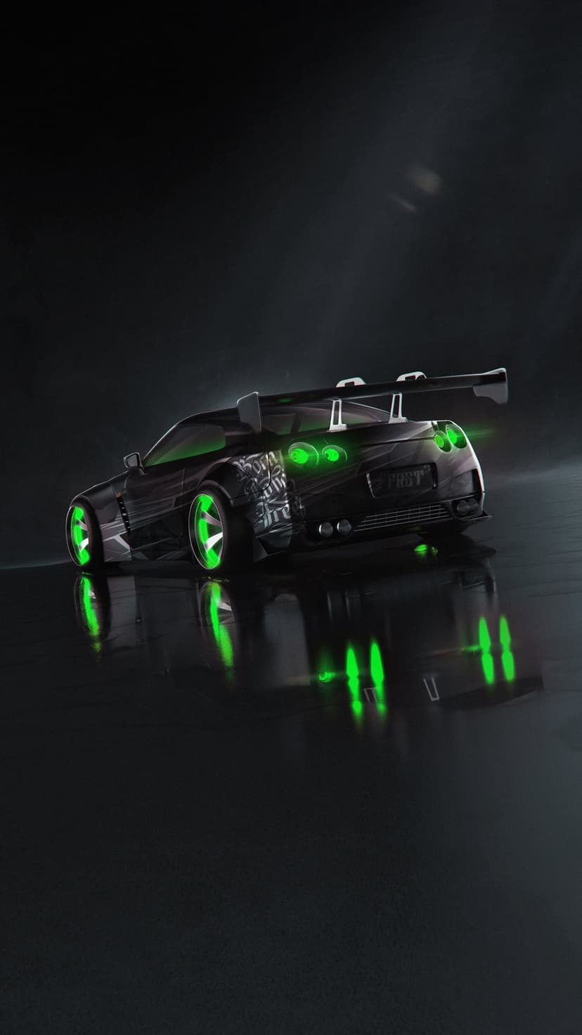 Black sports car with glowing neon green wheels and trim parked on a dark, reflective floor in a dim room.
