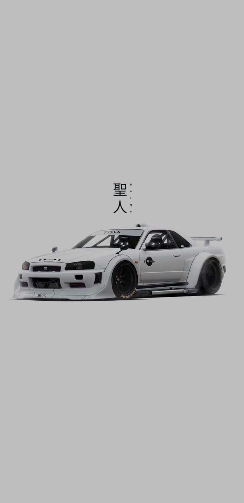White Nissan Skyline R34 with a widebody kit and slammed suspension parked on a smooth asphalt surface.