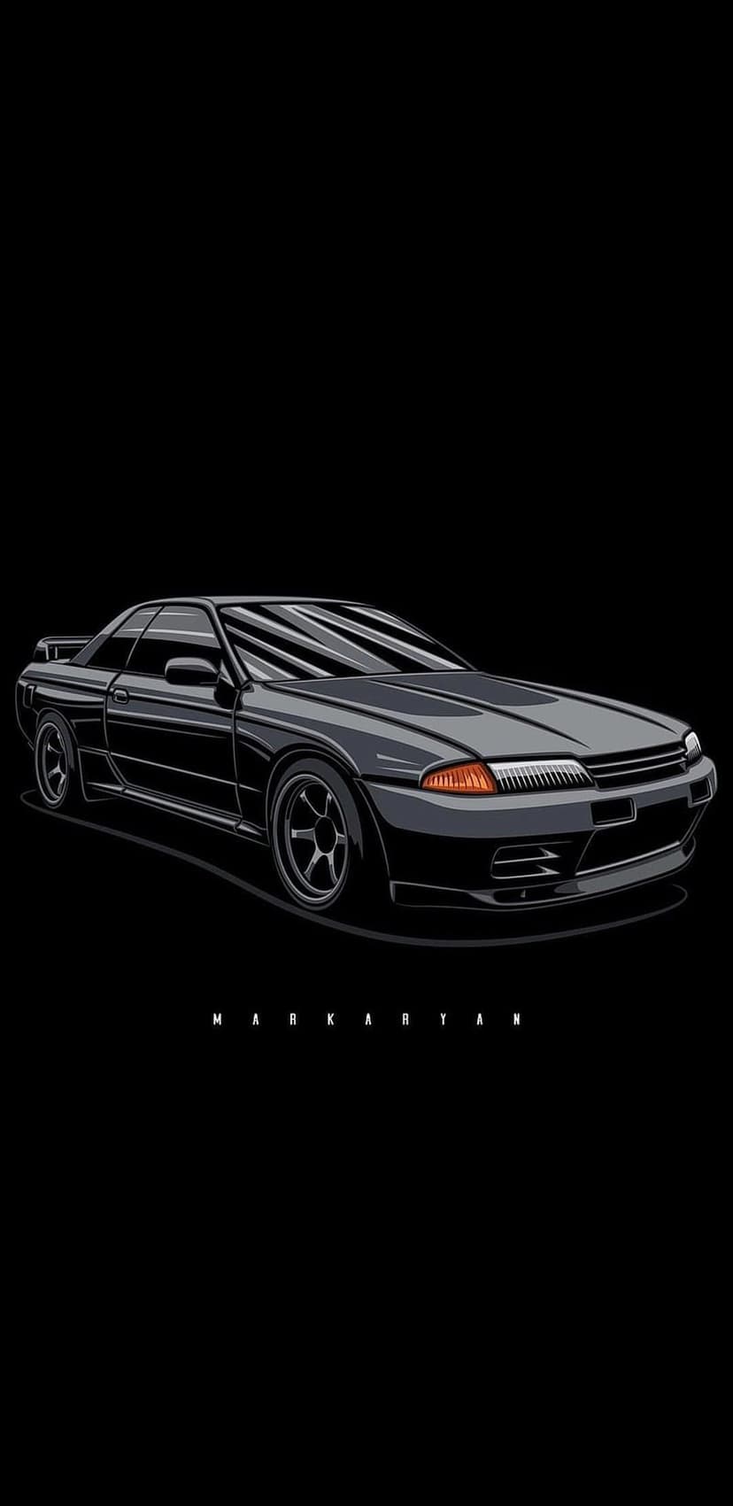 Black Nissan R32 Skyline GT-R coupe profile featuring orange turn signals against a solid dark background.