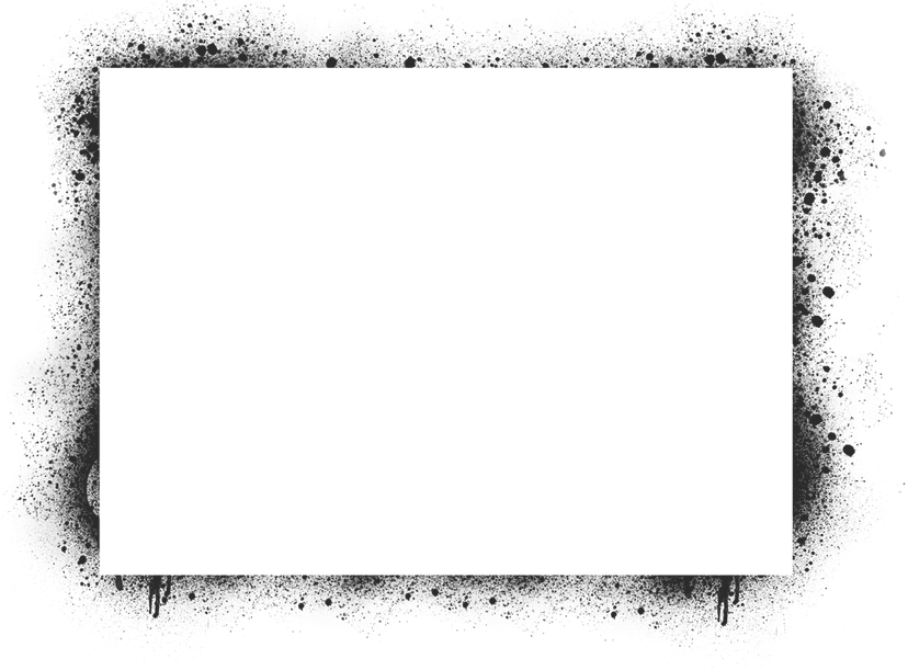 Distressed rectangle frame with weathered edges and gritty black ink textures over a transparent background.
