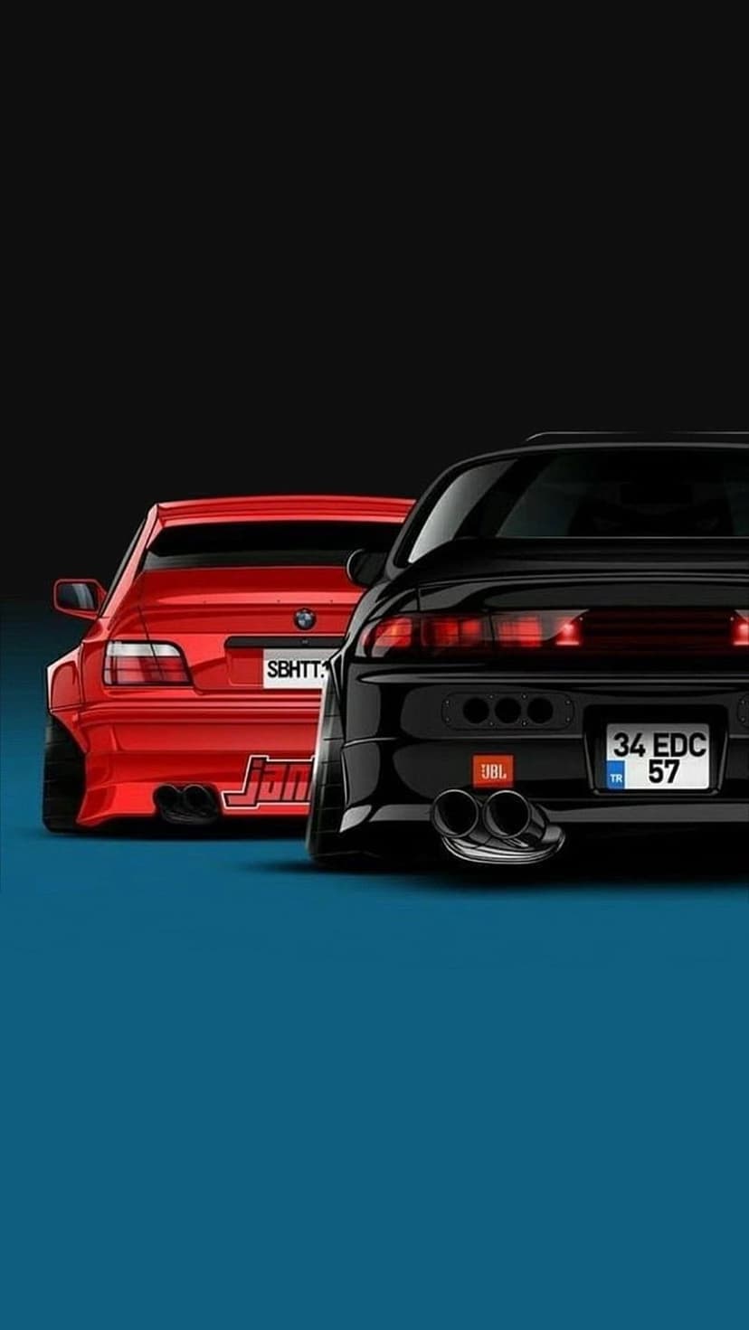 Red BMW and black sports car rear ends parked on a dark surface with blue lighting and detailed exhaust systems.